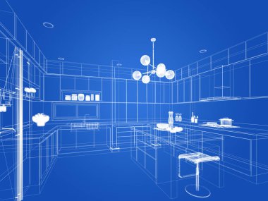 Mutfak odasının soyut tasarımı, 3D görüntüleme 