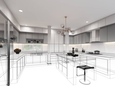 Mutfak odasının soyut tasarımı, 3D görüntüleme 