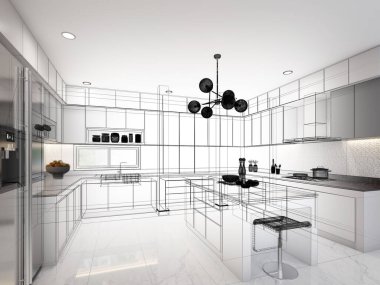 Mutfak odasının soyut tasarımı, 3D görüntüleme 