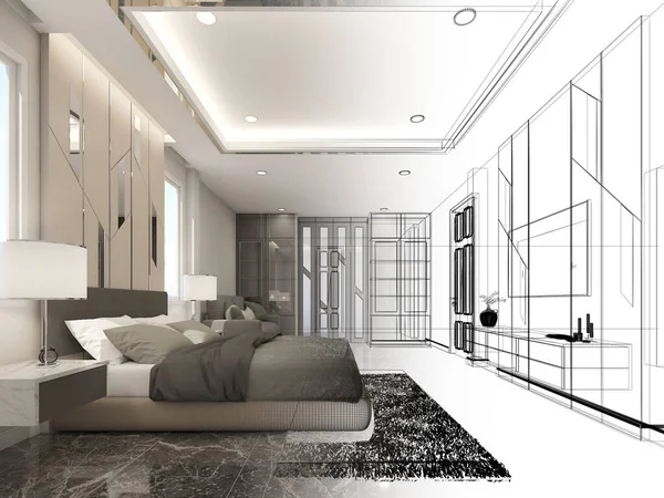 Diseño Boceto Del Dormitorio Ático Interior Renderizado —  Fotos de Stock