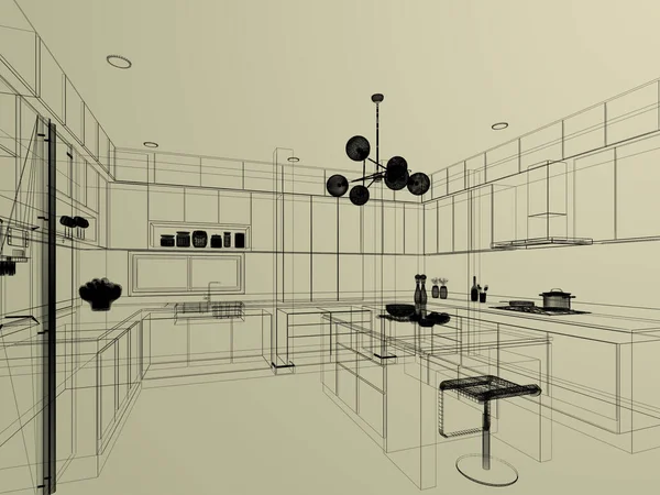 Diseño Abstracto Del Boceto Sala Cocina Renderizado — Foto de Stock