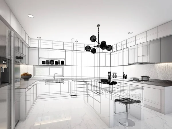 Abstract Sketch Design Kitchen Room Rendering — Stock Photo, Image