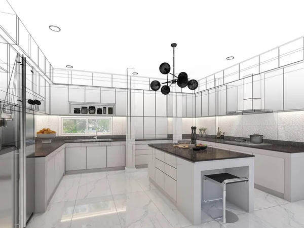 厨房设计图摘要 3D渲染 — 图库照片