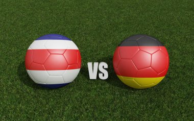 Çimlerin üzerinde bayraklı futbol topları. Almanya ile Kosta Rika. Dünya Futbol Şampiyonası 2022 3D yorumlama