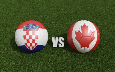 Çimlerin üzerinde bayraklı futbol topları. Hırvatistan ve Kanada. Dünya Futbol Şampiyonası 2022 3D yorumlama