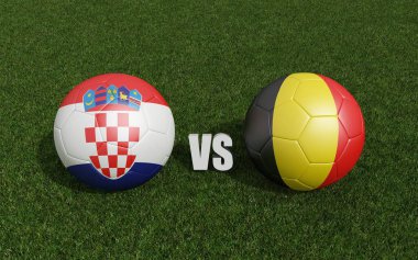 Çimlerin üzerinde bayraklı futbol topları. Hırvatistan ve Belçika. Dünya Futbol Şampiyonası 2022 3D yorumlama