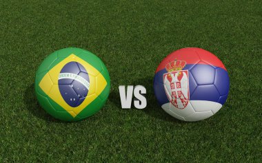 Çimlerin üzerinde bayraklı futbol topları. Sırbistanlı Brazi. Dünya Futbol Şampiyonası 2022 3D yorumlama
