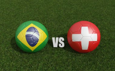 Çimlerin üzerinde bayraklı futbol topları. İsviçre topraklarıyla Brezilya. Dünya Futbol Şampiyonası 2022 3D yorumlama