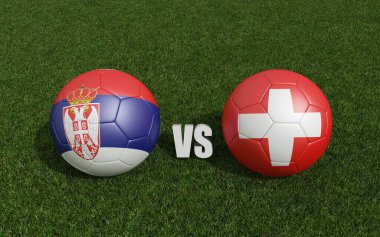 Çimlerin üzerinde bayraklı futbol topları. Sırbistan ve İsviçre. Dünya Futbol Şampiyonası 2022 3D yorumlama