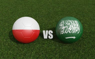 Çimlerin üzerinde bayraklı futbol topları. Suudi Arabistan 'la Polandlar. Dünya Futbol Şampiyonası 2022 3D yorumlama