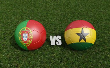 Çimlerin üzerinde bayraklı futbol topları. Gana ile Portekiz. Dünya Futbol Şampiyonası 2022 3D yorumlama