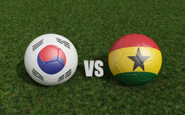 Bayraklı futbol topları çimlerin üstünde. Kore ve Gana. Dünya Futbol Şampiyonası 2022 3D yorumlama