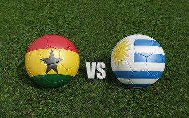 Çimlerin üzerinde bayraklı futbol topları. Gana; Uruguay ile. Dünya Futbol Şampiyonası 2022 3D yorumlama