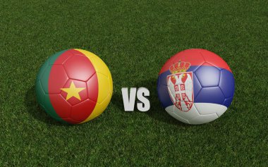 Çimlerin üzerinde bayraklı futbol topları. Kamerun Sırbistan 'da. Dünya Futbol Şampiyonası 2022 3D yorumlama