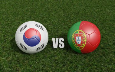 Çimlerin üzerinde bayraklı futbol topları. Güney Kore ve Portekiz. Dünya Futbol Şampiyonası 2022 3D yorumlama