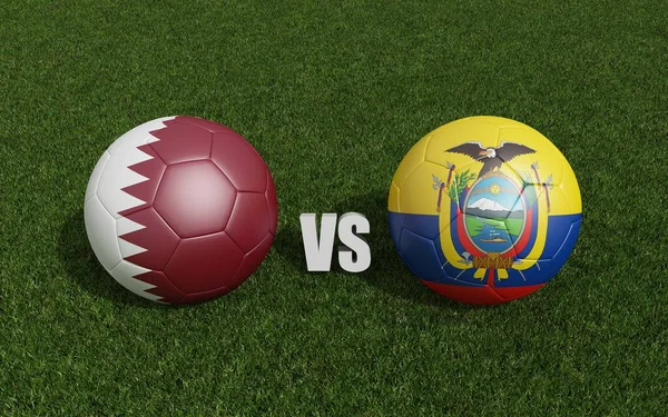 草の上の旗の色のサッカー エクアドルとカタール ワールドカップサッカー選手権2022 3Dレンダリング — ストック写真