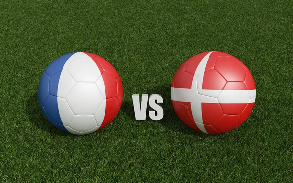 旗子上的足球是青草色的 法国与丹麦 2022年世界杯足球赛 3D渲染 — 图库照片