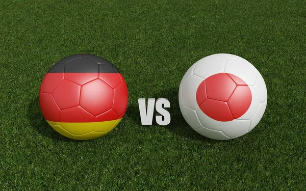 Çimlerin üzerinde bayraklı futbol topları. Almanya ve Japonya. Dünya Futbol Şampiyonası 2022 3D yorumlama