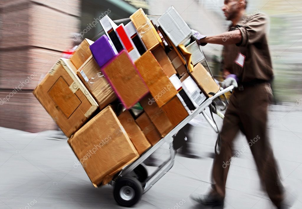 Fast delivery, goods delivery, hand truck, moving box, package