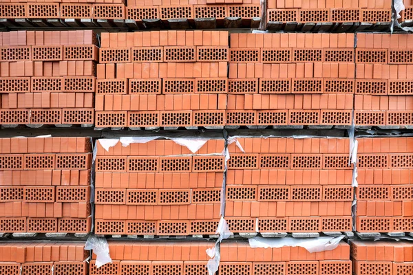 Piles Briques Rouges Empilées Sur Palettes — Photo