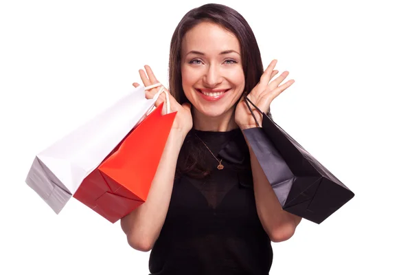 Satılık beyaz izole kadın alışveriş — Stok fotoğraf