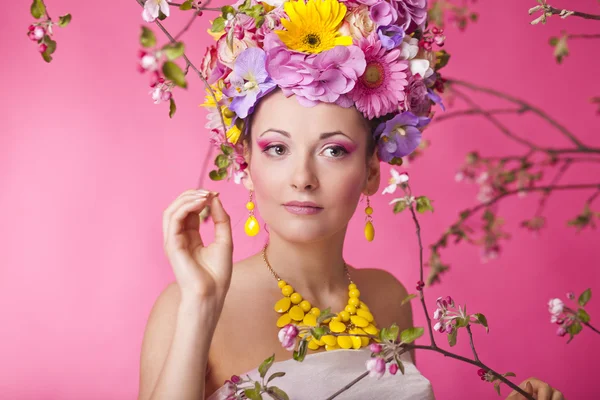 Flower hat spring fashion sexy female in dress Royalty Free Stock Photos