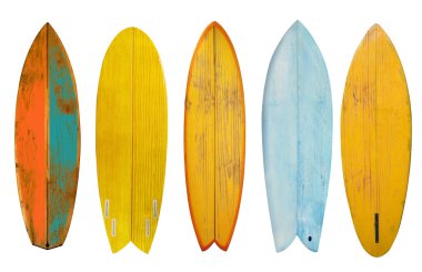 Collection of vintage wooden fishboard shortboard surfboard isolated on white with clipping path for object, retro styles.