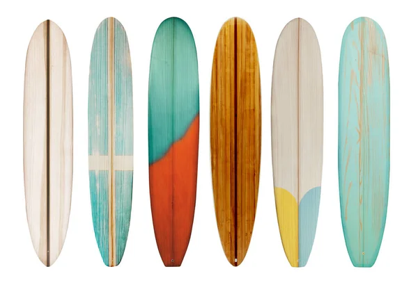 Kolekcja Vintage Drewniana Deska Surfingowa Odizolowana Biało Ścieżką Wycinania Dla — Zdjęcie stockowe