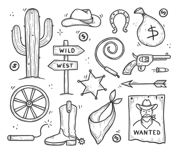 Cowboy western doodle set. Hand drawn