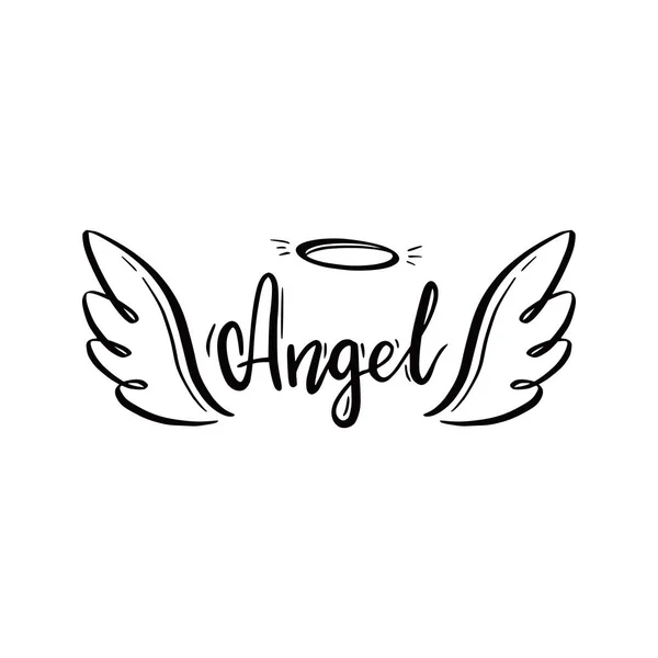 Angel vleugel met halo en engel belettering tekst — Stockvector