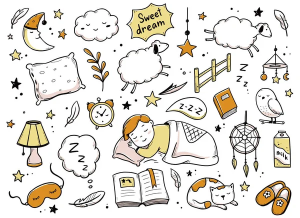 Dormir, se détendre, rêver nuit doodle ensemble — Image vectorielle