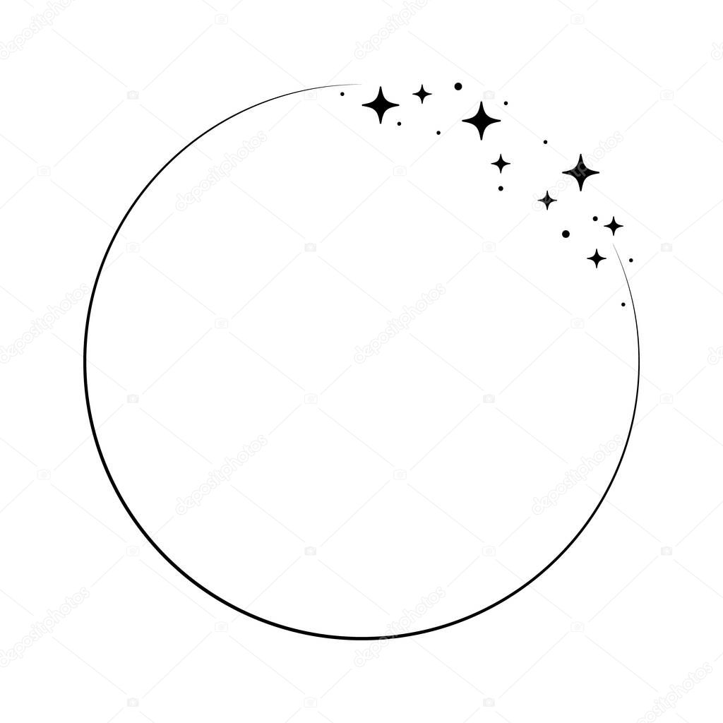 Sparkle star circle frame. Wreath round stardust border for party, birthday decor design. Laurel frame with, cosmic glitter shine. Isolated black flat vector illustration.