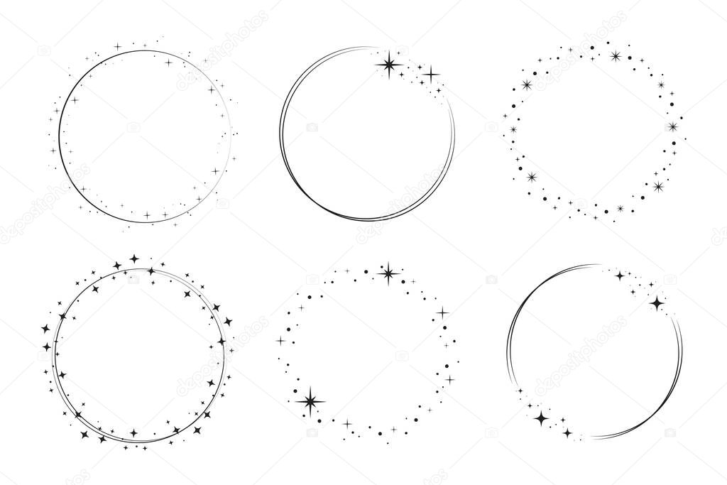 Star circle frame set. Wreath round stardust border for party, birthday decor design. Laurel frame with, cosmic glitter shine. Isolated black flat vector illustration.