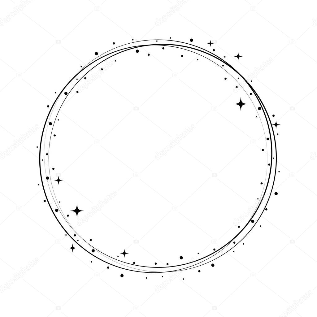 Sparkle star circle frame. Wreath round stardust border for party, birthday decor design. Laurel frame with, cosmic glitter shine. Isolated black flat vector illustration.