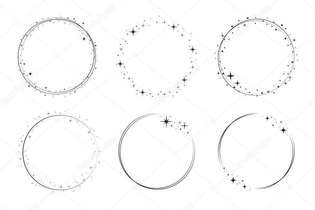 Star circle frame set. Wreath round stardust border for party, birthday decor design. Laurel frame with, cosmic glitter shine. Isolated black flat vector illustration.