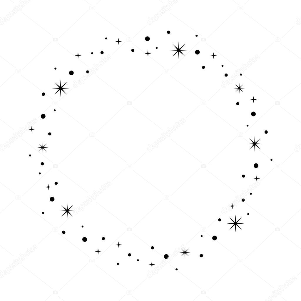 Sparkle star circle frame. Wreath round stardust border for party, birthday decor design. Laurel frame with, cosmic glitter shine. Isolated black flat vector illustration.