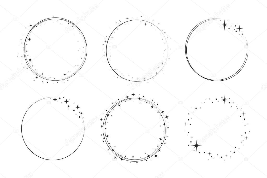 Sparkle star circle frame set. Wreath ring stardust border for party, birthday decor design. Laurel frame with, cosmic glitter shine. Isolated black flat vector illustration.