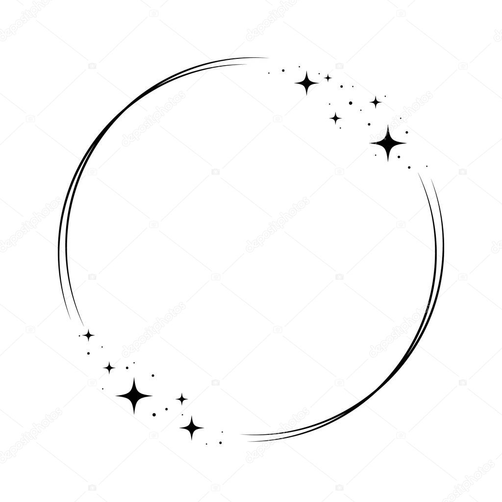 Sparkle star circle frame. Wreath round stardust border for party, birthday decor design. Laurel frame with, cosmic glitter shine. Isolated black flat vector illustration.