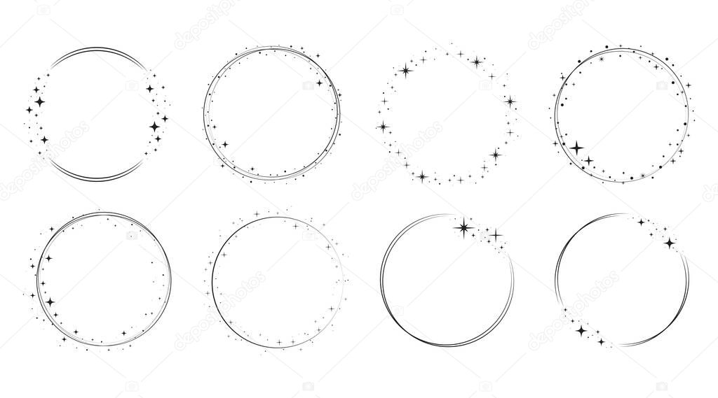 Sparkle star circle frame set. Wreath ring stardust border for party, birthday decor design. Laurel frame with, cosmic glitter shine. Isolated black flat vector illustration.