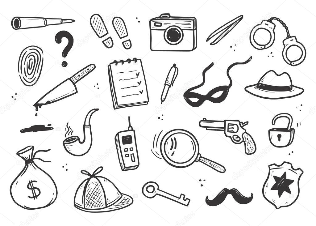 Detective doodle set. Hand drawn sketch doodle style. Footprint, fingerprint, magnifier detective investigation element. Vector illustration.