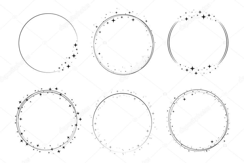 Star circle frame set. Wreath round stardust border for party, birthday decor design. Laurel frame with, cosmic glitter shine. Isolated black flat vector illustration.