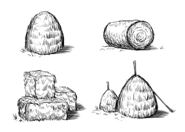 Bosquejo de dibujo de granja de pacas de heno — Vector de stock