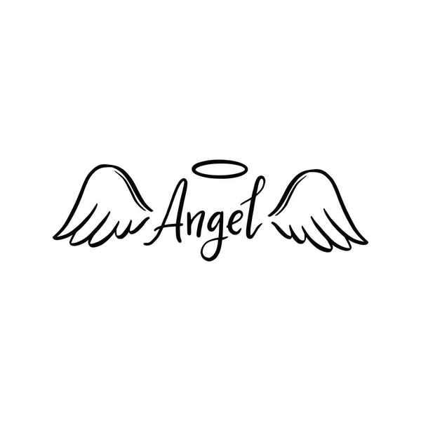 Angel vleugel met halo en engel belettering tekst — Stockvector