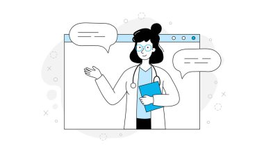 Online doctor, virtual medicine illustration. Doctor in computer screen outline doodle style. Medicine web app, online clinic, mobile pharmacy service vector illustration.