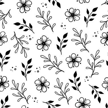 Hand drawn leaf, flower seamless pattern. Doodle simple froral style. Leaf background vector illustration