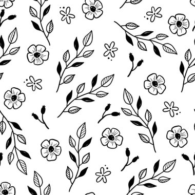 Hand drawn leaf, flower seamless pattern. Doodle simple froral style. Leaf background vector illustration