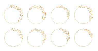 Gold circle frame, elegant wreath round border. Hand drawn doodle sketch style. Floral circle frame, flourish design element for wedding, greeting card. Vector illustration.