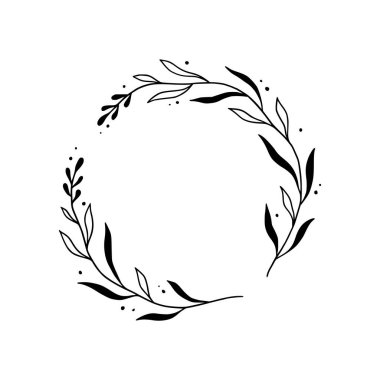 Çember şeklinde çiçekler, sınırda zarif bir çelenk. El çizimi eskiz tarzı. Çiçekli çizim çerçevesi, düğün için gösterişli tasarım unsuru, tebrik kartı. Vektör illüstrasyonu.