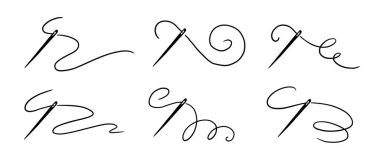 Tailor needle with thread. Hand drawn doodle sketch style sewing needle element. Craft, embroidery tool for textile, sewing shop design. Vector illustration.