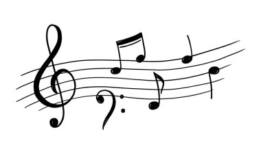 Music note doodle drawn background. Hand drawn sketch staff treble clef notes musician concept background. Melody symbol, black shape vector illustration.